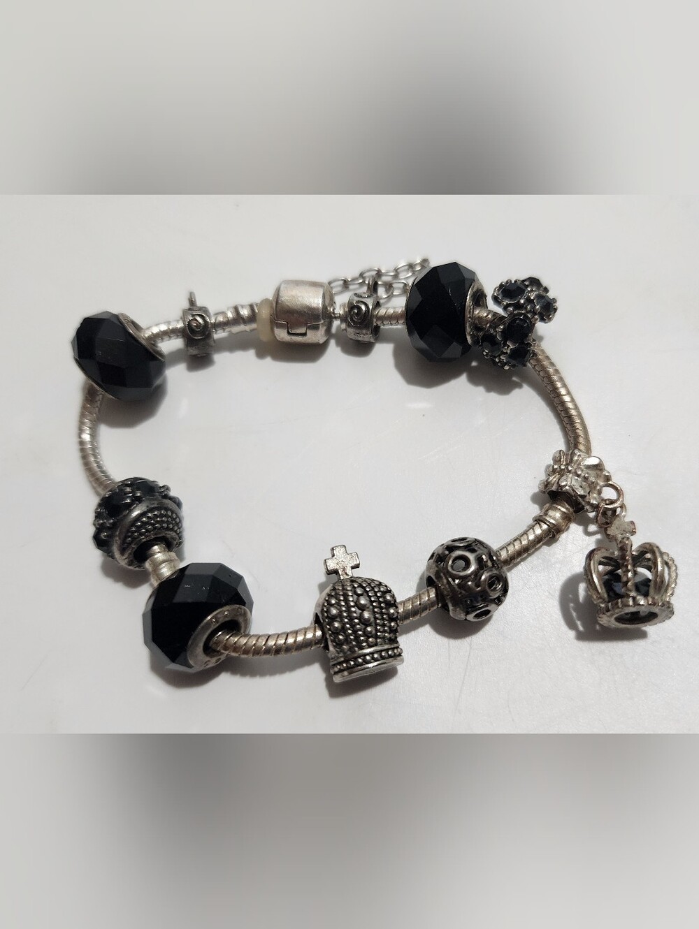 Silver  Tone Charm Bracelet with Black Beads